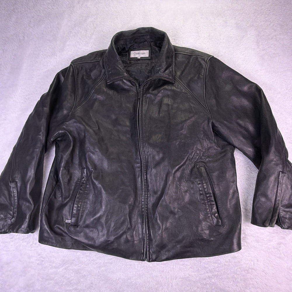 Calvin Klein Leather‎ Biker Jacket Men's XL Quilted & Fleece Lined Moto Bomber